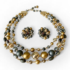 Vintage 3 Strand Beaded Necklace & Cluster Bead Earrings, Gold & Charcoal Gray.